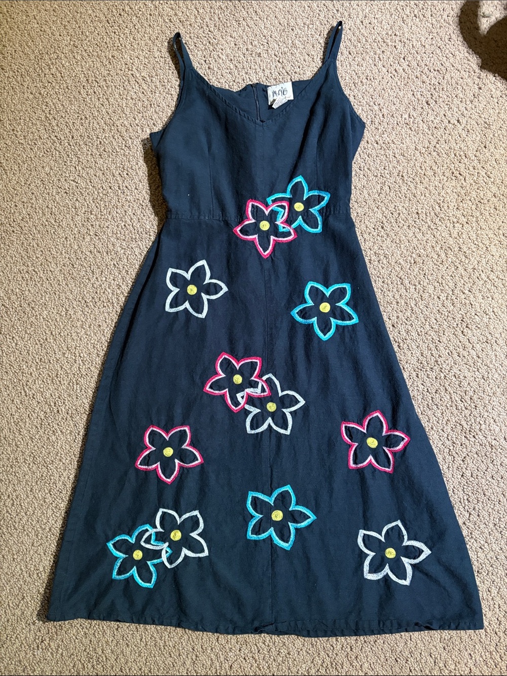 Vintage Natural Fiber Retro Flower Black Sundress